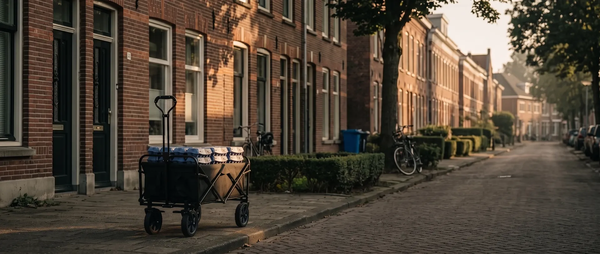 De bolderkar met kratten in de straat